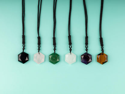 Hexagram Crystal Necklace with 26" Adjustable Rope, Natural Healing Crystal Jewelry Gift, Amethyst, Rose Quartz, Tiger's Eye, Black Obsidian