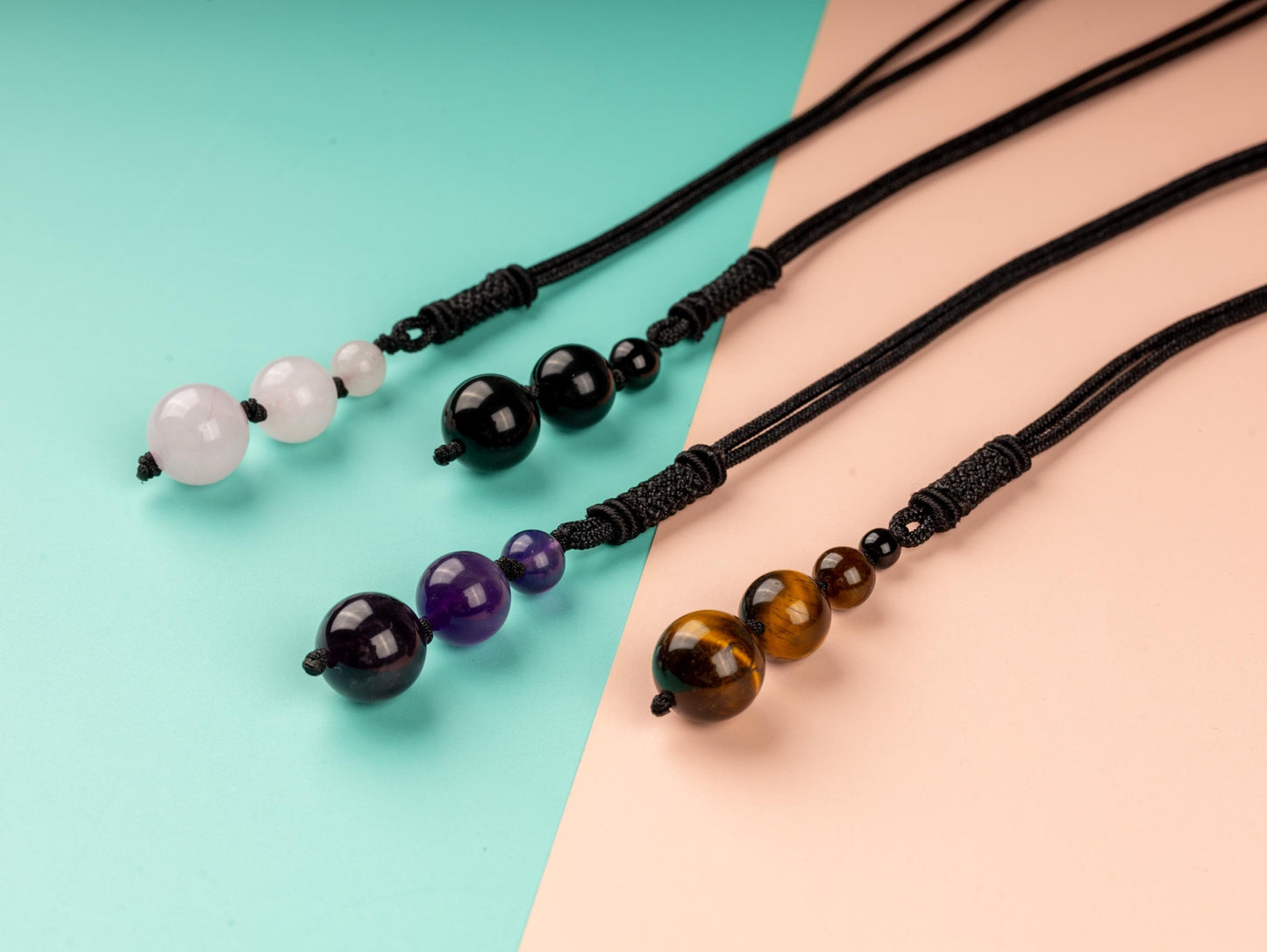 Beaded Crystal Necklace with 26" Adjustable Rope, Natural Crystal Jewelry Gift,  Amethyst, Rose Quartz, Tiger's Eye, Black Obsidian Necklace