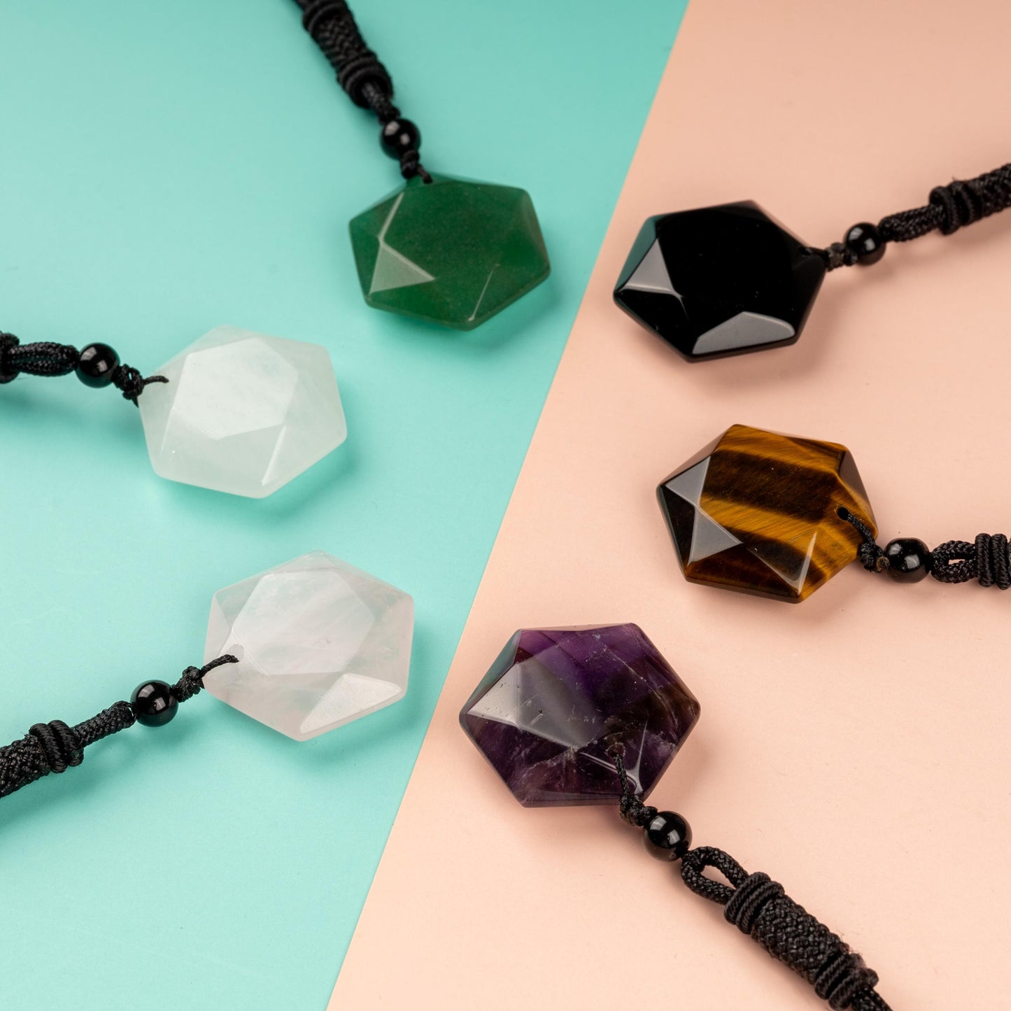 Hexagram Crystal Necklace with 26" Adjustable Rope, Natural Healing Crystal Jewelry Gift, Amethyst, Rose Quartz, Tiger's Eye, Black Obsidian