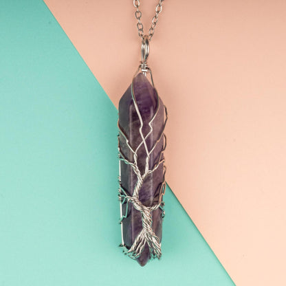 Hexagon Wire Wrapped Pendant Crystal Necklace with 18-20" Adjustable Chain, Natural Crystal Jewelry Gift, Amethyst, Rose Quartz, Tiger's Eye