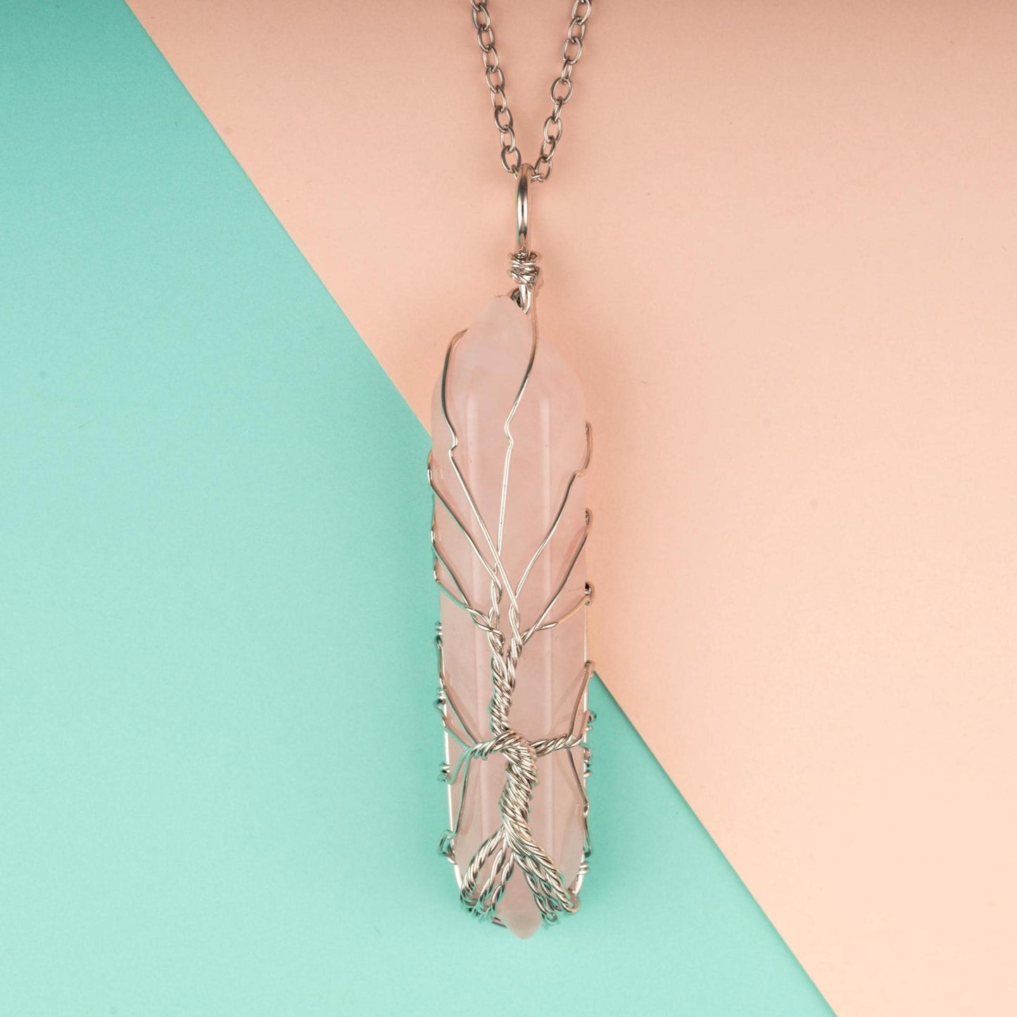 Hexagon Wire Wrapped Pendant Crystal Necklace with 18-20" Adjustable Chain, Natural Crystal Jewelry Gift, Amethyst, Rose Quartz, Tiger's Eye