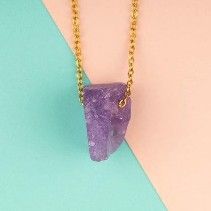 Raw Stone Crystal Necklace with 18-20" Gold Adjustable Chain, Natural Crystal Jewelry Gift, Rose Quartz, Citrine, Amethyst Stone Pendant