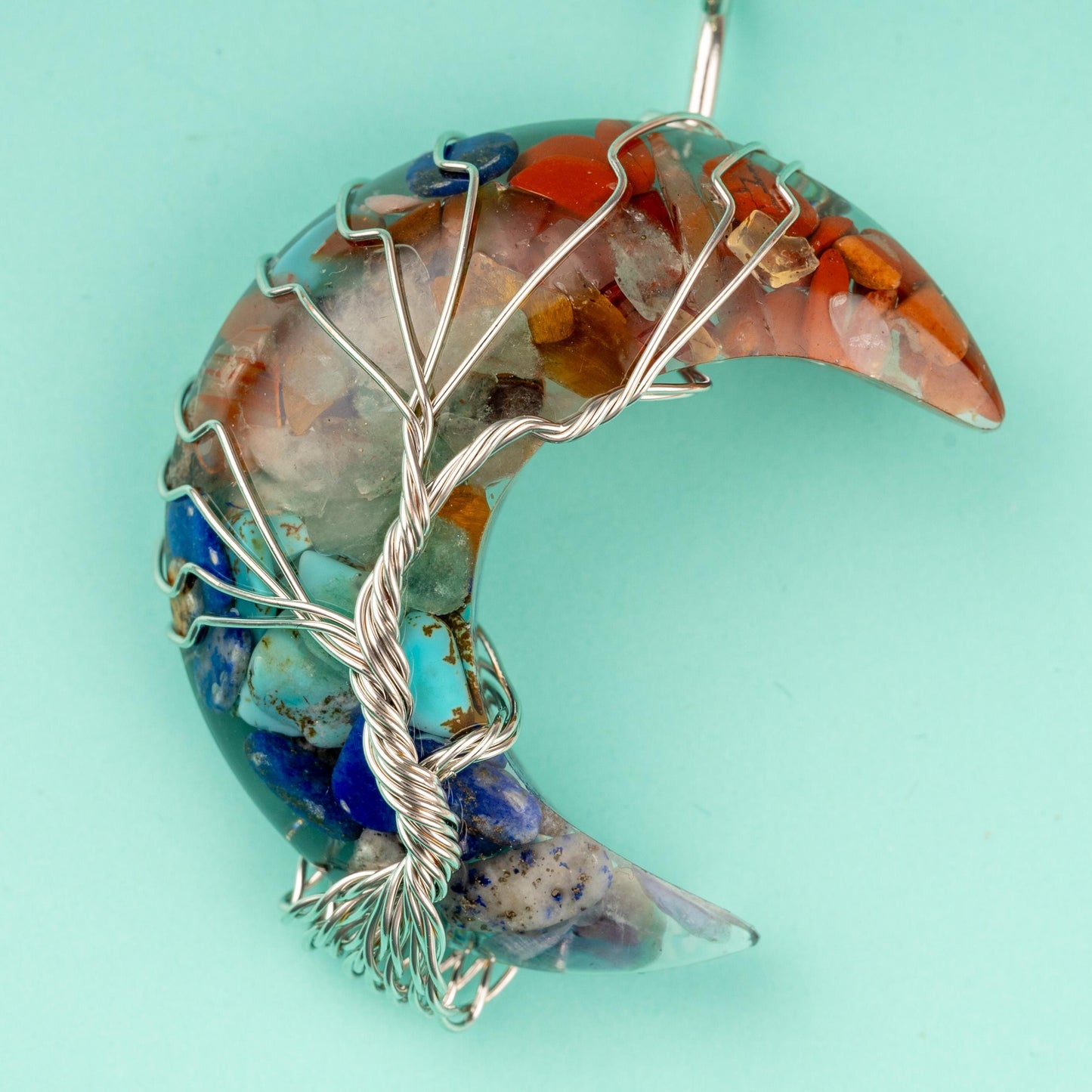 Tree of Life Resin Moon Wire Wrapped Pendant Crystal Necklace with 18-20" Adjustable Chain, Natural Crystal Jewelry Gift, 7 Chakra, Opalite
