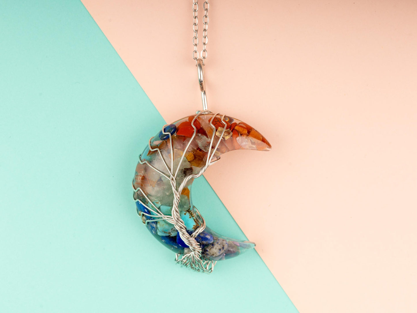 Tree of Life Resin Moon Wire Wrapped Pendant Crystal Necklace with 18-20" Adjustable Chain, Natural Crystal Jewelry Gift, 7 Chakra, Opalite
