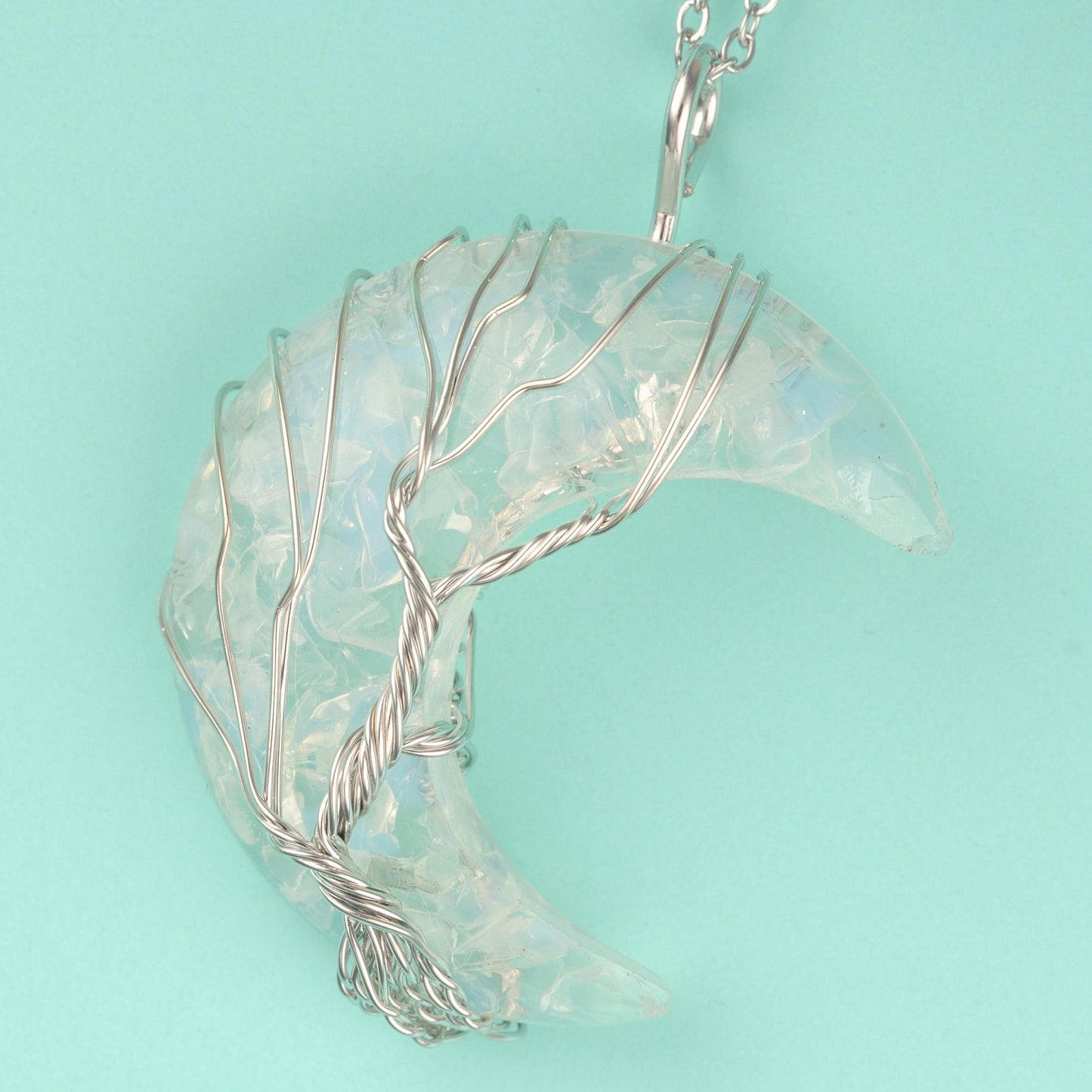 Tree of Life Resin Moon Wire Wrapped Pendant Crystal Necklace with 18-20" Adjustable Chain, Natural Crystal Jewelry Gift, 7 Chakra, Opalite