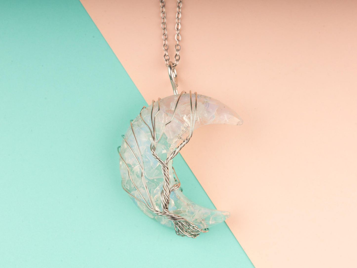 Tree of Life Resin Moon Wire Wrapped Pendant Crystal Necklace with 18-20" Adjustable Chain, Natural Crystal Jewelry Gift, 7 Chakra, Opalite