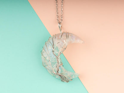 Tree of Life Resin Moon Wire Wrapped Pendant Crystal Necklace with 18-20" Adjustable Chain, Natural Crystal Jewelry Gift, 7 Chakra, Opalite