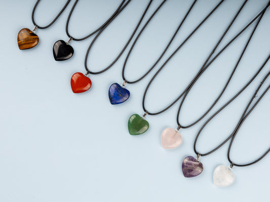 Heart Pendant Crystal Necklace with 18" Black Cord, Natural Healing Crystal Jewelry Gift, Amethyst, Rose Quartz, Lapis Lazuli, Red Jasper