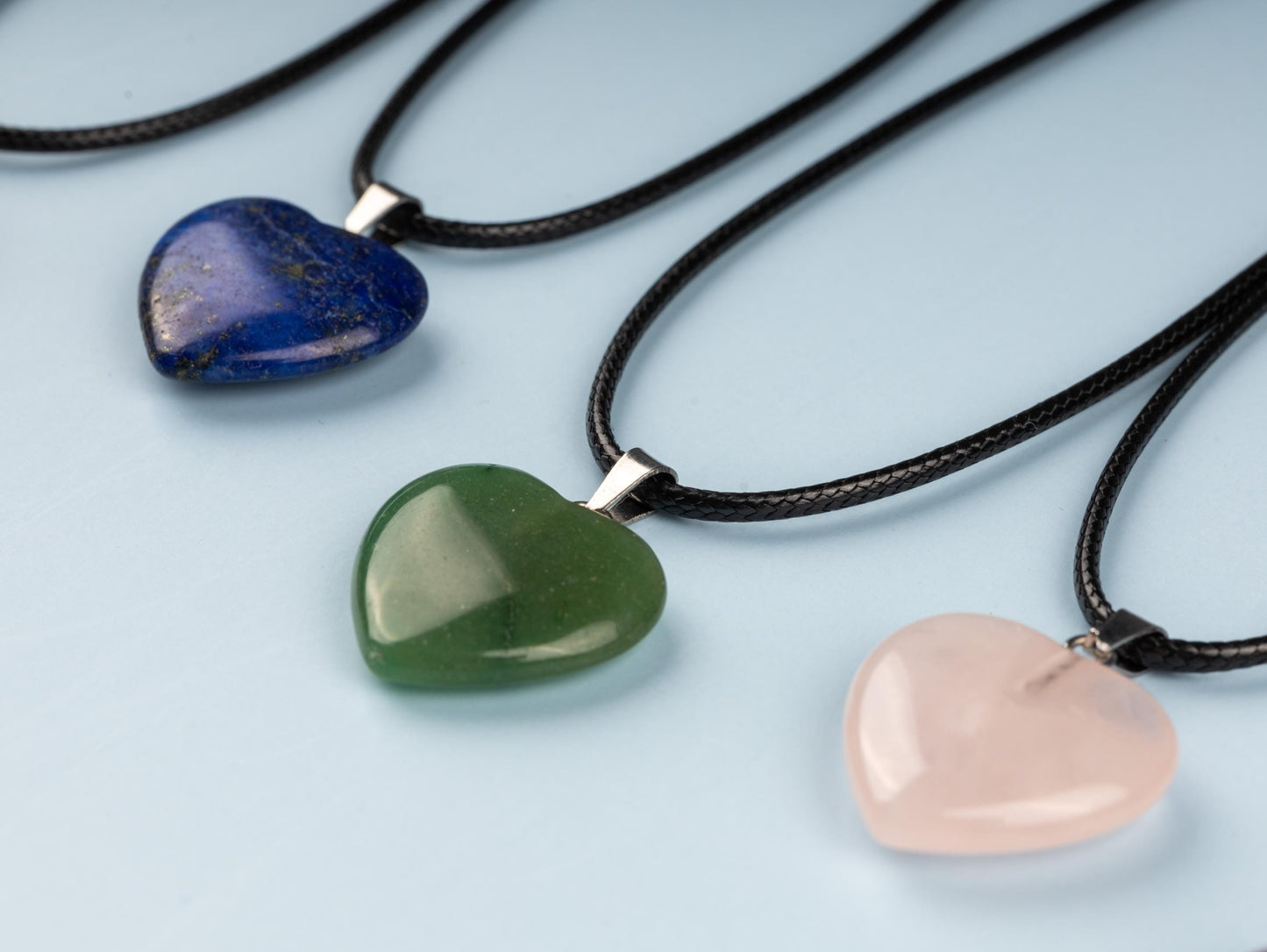 Heart Pendant Crystal Necklace with 18" Black Cord, Natural Healing Crystal Jewelry Gift, Amethyst, Rose Quartz, Lapis Lazuli, Red Jasper