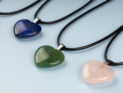 Heart Pendant Crystal Necklace with 18" Black Cord, Natural Healing Crystal Jewelry Gift, Amethyst, Rose Quartz, Lapis Lazuli, Red Jasper