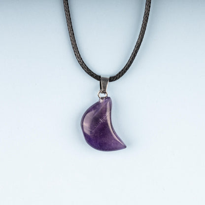 Moon Pendant Crystal Necklace with 18" Black Cord, Natural Healing Crystal Jewelry Gift, Amethyst, Rose Quartz, Lapis Lazuli, Red Jasper