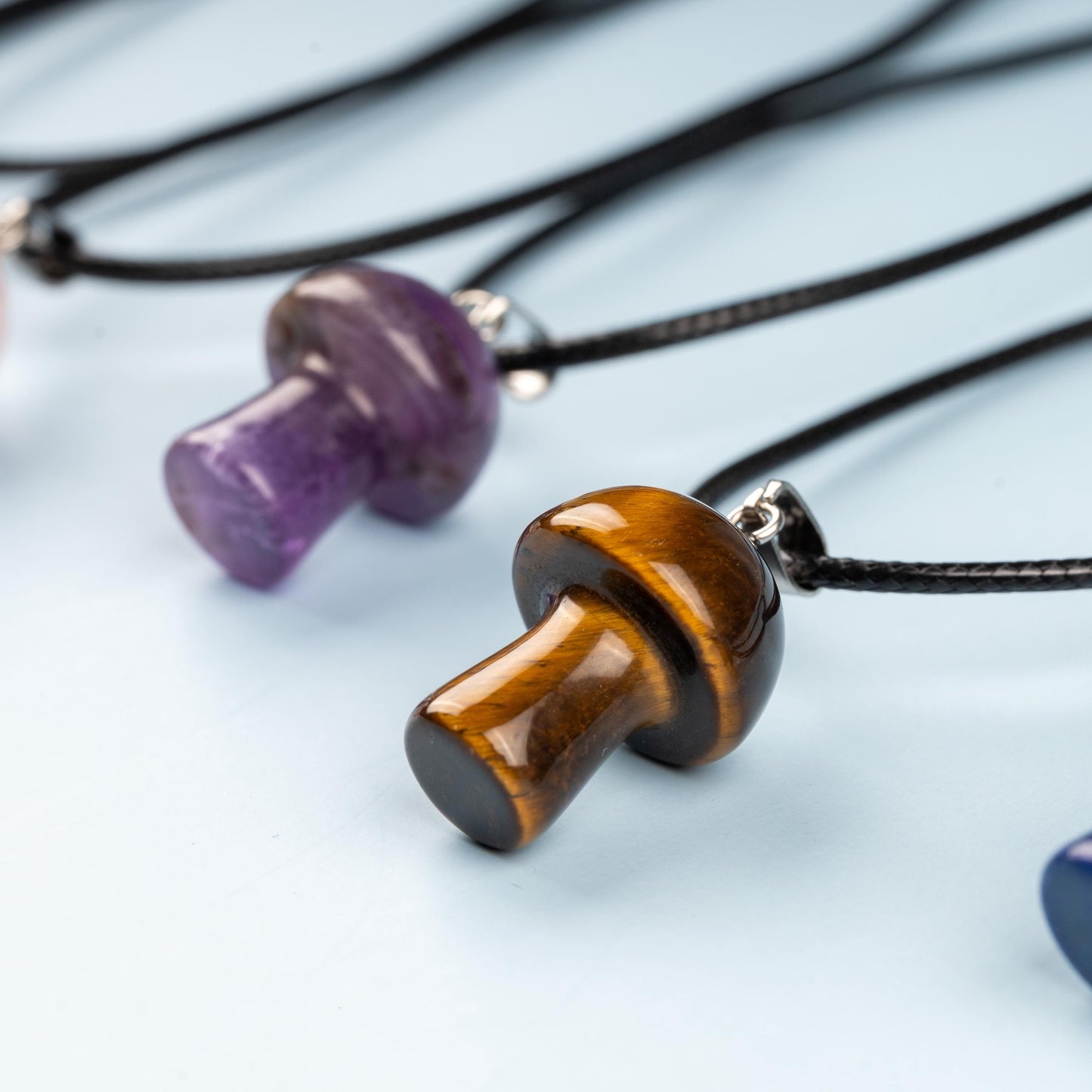 Mushroom Pendant Crystal Necklace with 18" Black Cord, Natural Healing Crystal Jewelry Gift, Amethyst, Rose Quartz, Lapis Lazuli, Red Jasper