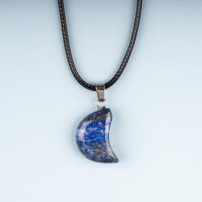 Moon Pendant Crystal Necklace with 18" Black Cord, Natural Healing Crystal Jewelry Gift, Amethyst, Rose Quartz, Lapis Lazuli, Red Jasper