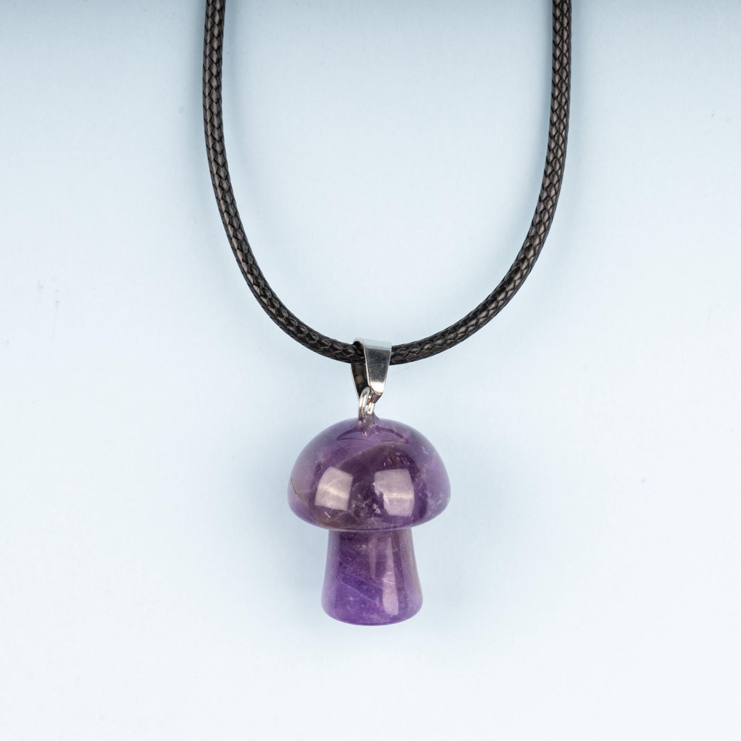 Mushroom Pendant Crystal Necklace with 18" Black Cord, Natural Healing Crystal Jewelry Gift, Amethyst, Rose Quartz, Lapis Lazuli, Red Jasper