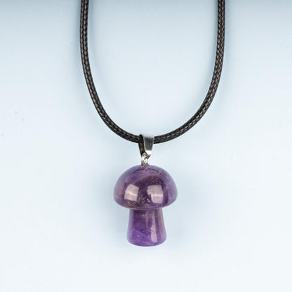 Mushroom Pendant Crystal Necklace with 18" Black Cord, Natural Healing Crystal Jewelry Gift, Amethyst, Rose Quartz, Lapis Lazuli, Red Jasper