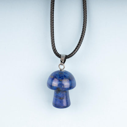 Mushroom Pendant Crystal Necklace with 18" Black Cord, Natural Healing Crystal Jewelry Gift, Amethyst, Rose Quartz, Lapis Lazuli, Red Jasper