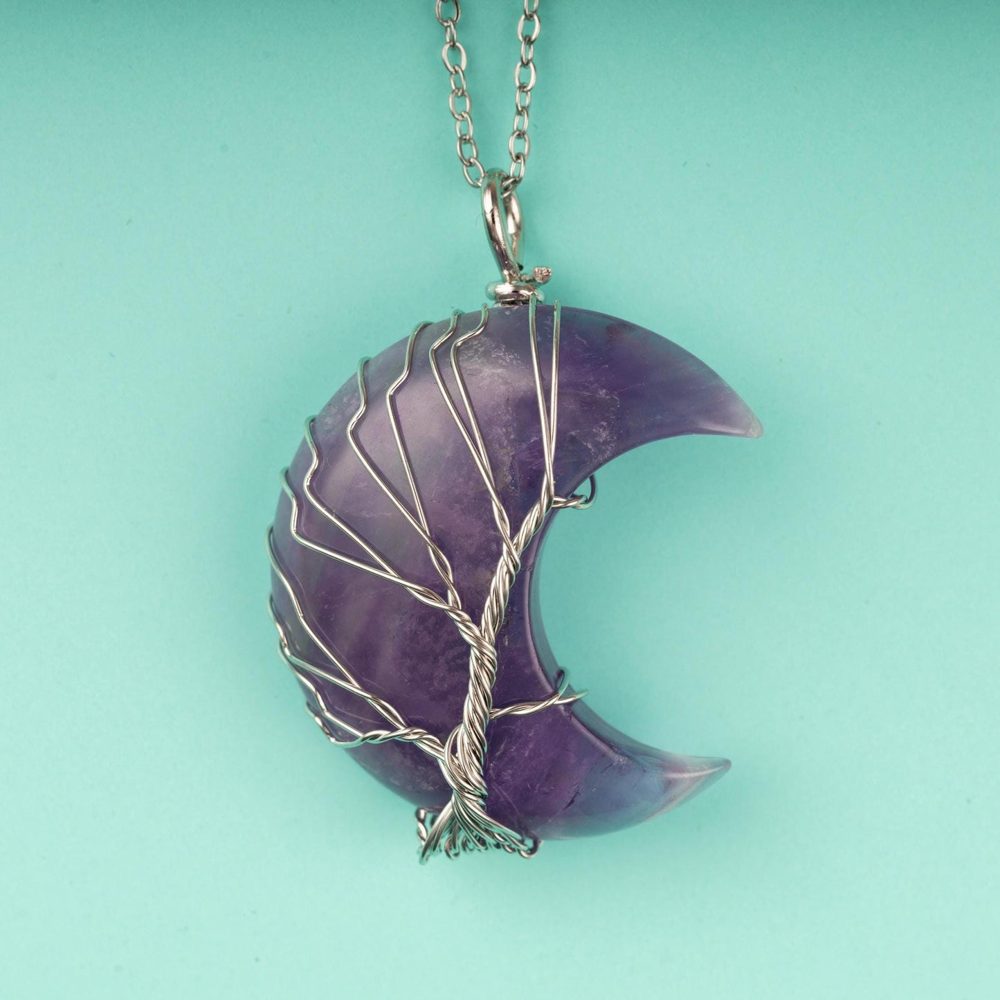 Tree of Life Moon Wire Wrapped Pendant Crystal Necklace with 18-20" Adjustable Chain, Natural Crystal Jewelry Gift, Amethyst, Rose Quartz