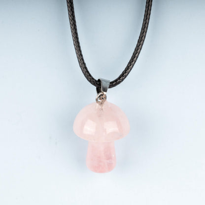 Mushroom Pendant Crystal Necklace with 18" Black Cord, Natural Healing Crystal Jewelry Gift, Amethyst, Rose Quartz, Lapis Lazuli, Red Jasper