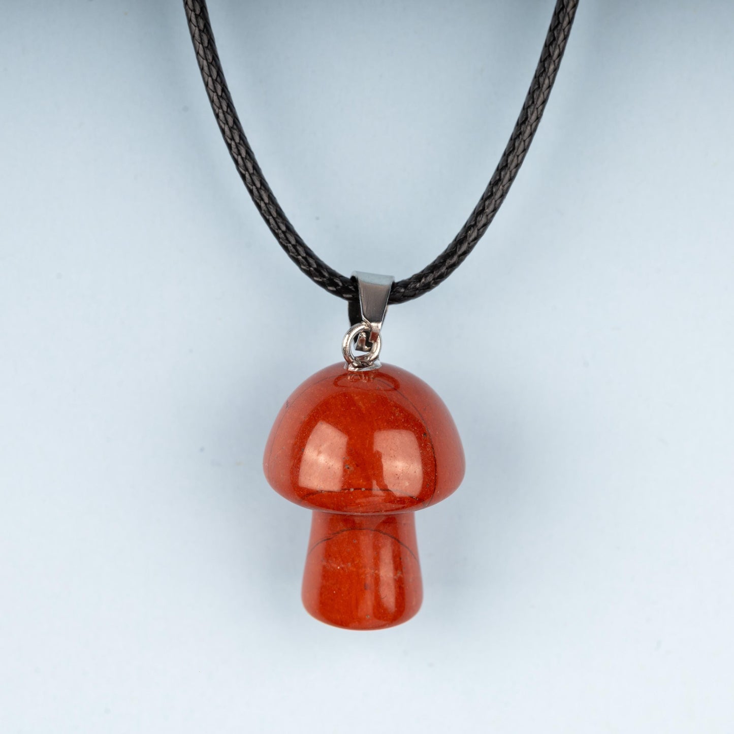 Mushroom Pendant Crystal Necklace with 18" Black Cord, Natural Healing Crystal Jewelry Gift, Amethyst, Rose Quartz, Lapis Lazuli, Red Jasper