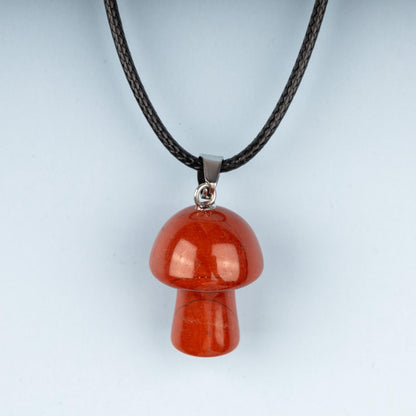Mushroom Pendant Crystal Necklace with 18" Black Cord, Natural Healing Crystal Jewelry Gift, Amethyst, Rose Quartz, Lapis Lazuli, Red Jasper