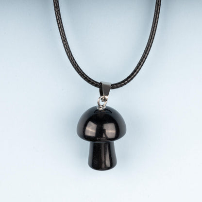 Mushroom Pendant Crystal Necklace with 18" Black Cord, Natural Healing Crystal Jewelry Gift, Amethyst, Rose Quartz, Lapis Lazuli, Red Jasper