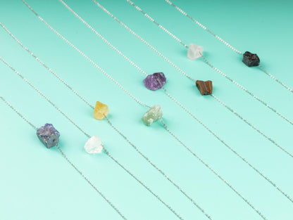 Raw Stone Crystal Necklace with 18-20" Silver Adjustable Chain, Natural Crystal Jewelry Gift, Rose Quartz, Citrine, Amethyst Stone Pendant