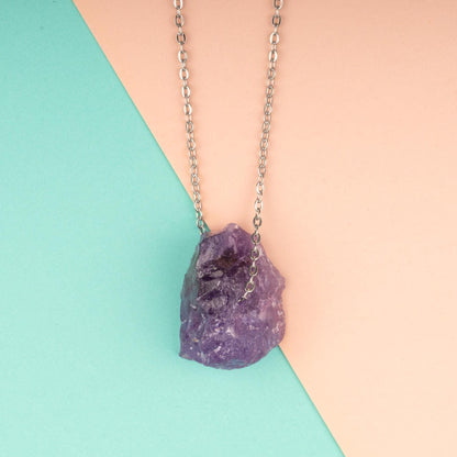 Raw Stone Crystal Necklace with 18-20" Silver Adjustable Chain, Natural Crystal Jewelry Gift, Rose Quartz, Citrine, Amethyst Stone Pendant