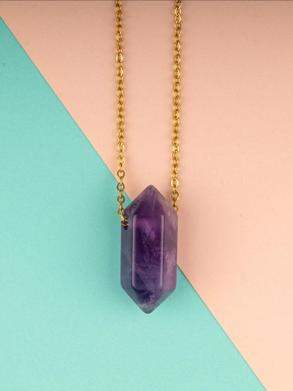 Hexagon Crystal Necklace with 18-20" Gold Adjustable Chain, Natural Crystal Jewelry Gift, Amethyst, Rose Quartz, Carnelian Pendant Necklace