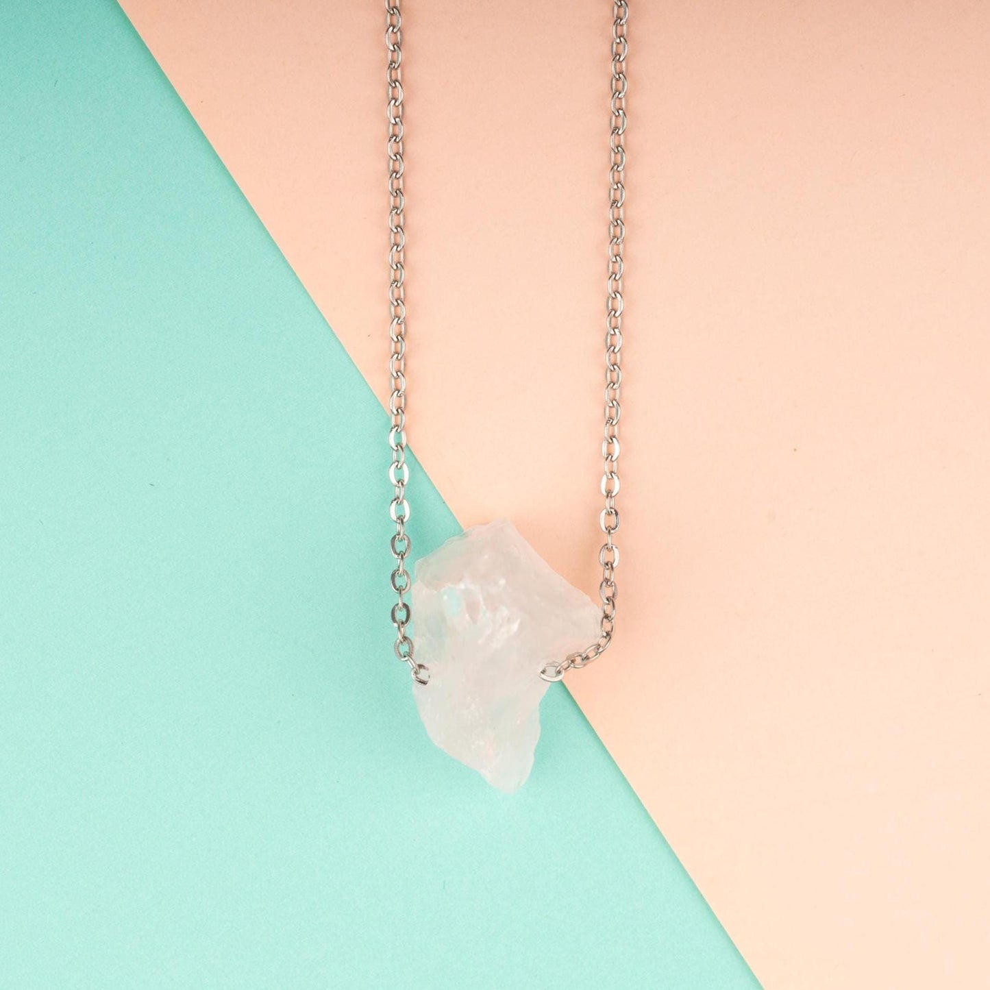 Raw Stone Crystal Necklace with 18-20" Silver Adjustable Chain, Natural Crystal Jewelry Gift, Rose Quartz, Citrine, Amethyst Stone Pendant