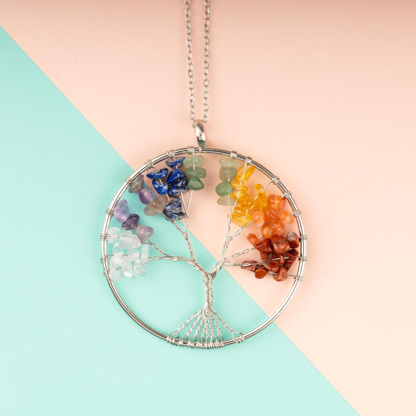 7 Chakra Crystal Chips Pendant Necklace, Tree of Life or Moon Design, Healing Crystal Jewelry Gift – Adjustable 18-20" Stainless Steel Chain