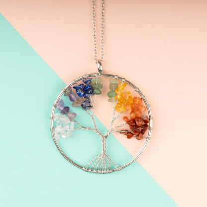 7 Chakra Crystal Chips Pendant Necklace, Tree of Life or Moon Design, Healing Crystal Jewelry Gift – Adjustable 18-20" Stainless Steel Chain