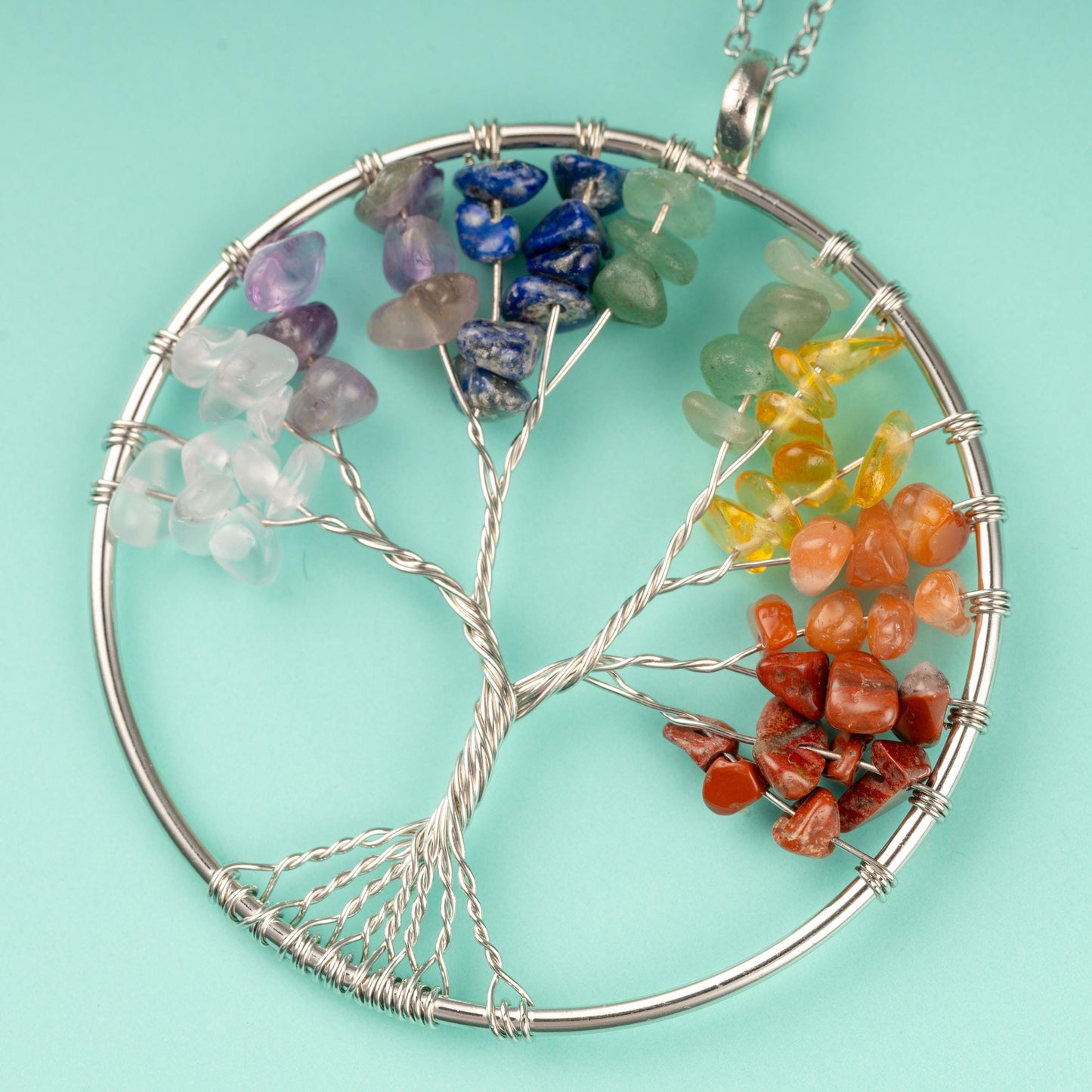 7 Chakra Crystal Chips Pendant Necklace, Tree of Life or Moon Design, Healing Crystal Jewelry Gift – Adjustable 18-20" Stainless Steel Chain