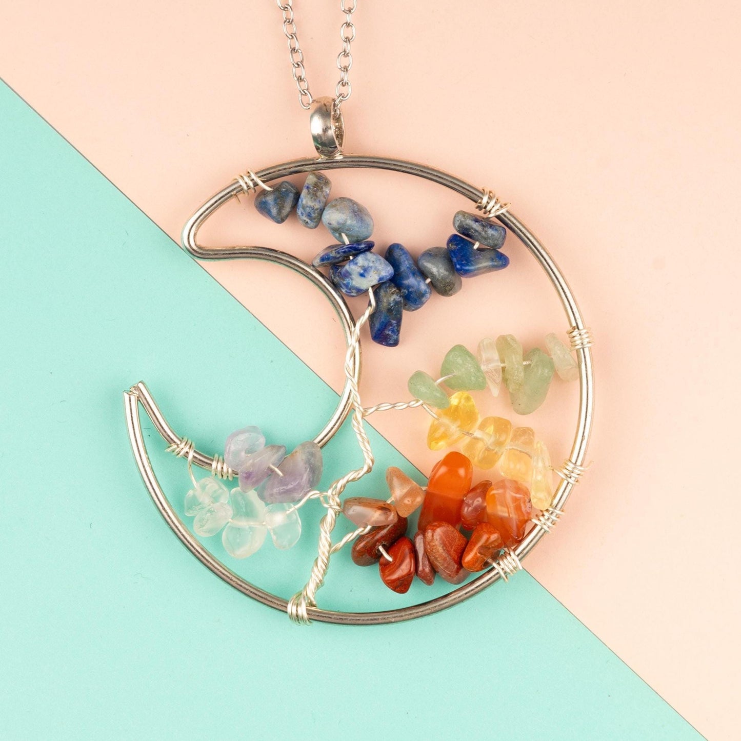 7 Chakra Crystal Chips Pendant Necklace, Tree of Life or Moon Design, Healing Crystal Jewelry Gift – Adjustable 18-20" Stainless Steel Chain