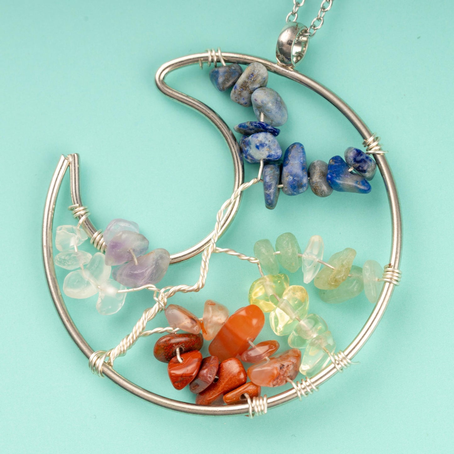 7 Chakra Crystal Chips Pendant Necklace, Tree of Life or Moon Design, Healing Crystal Jewelry Gift – Adjustable 18-20" Stainless Steel Chain