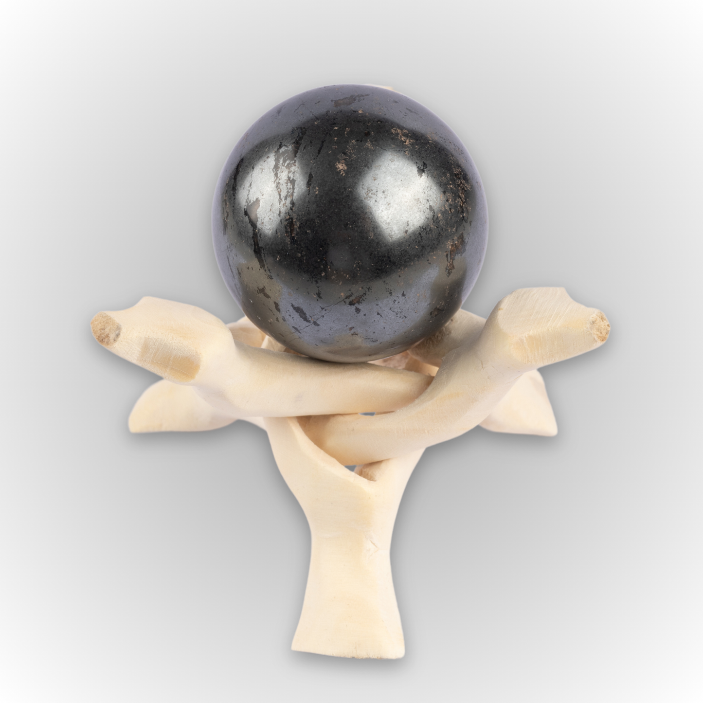 45mm-50mm Hematite Sphere with Wooden Tripod Stand, Healing Crystal Sphere, Home Crystal Decor, Energy Crystal, Sphere Stand, Crystal Gifts