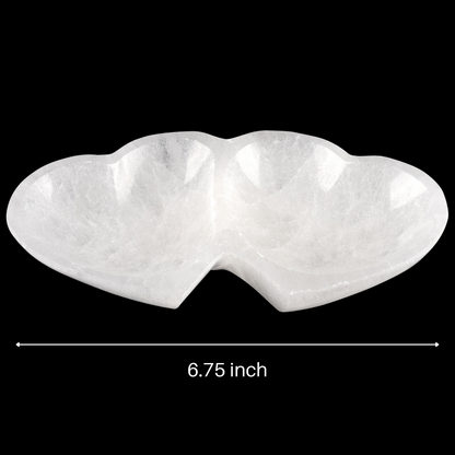 Selenite Twin Heart Bowl with Amethyst Necklace – Extra Large 6.75” Selenite Crystal Bowl – Mined & Crafted in Morocco – Ideal for Cleansing & Recharging Healing Stones, Meditation, & Décor