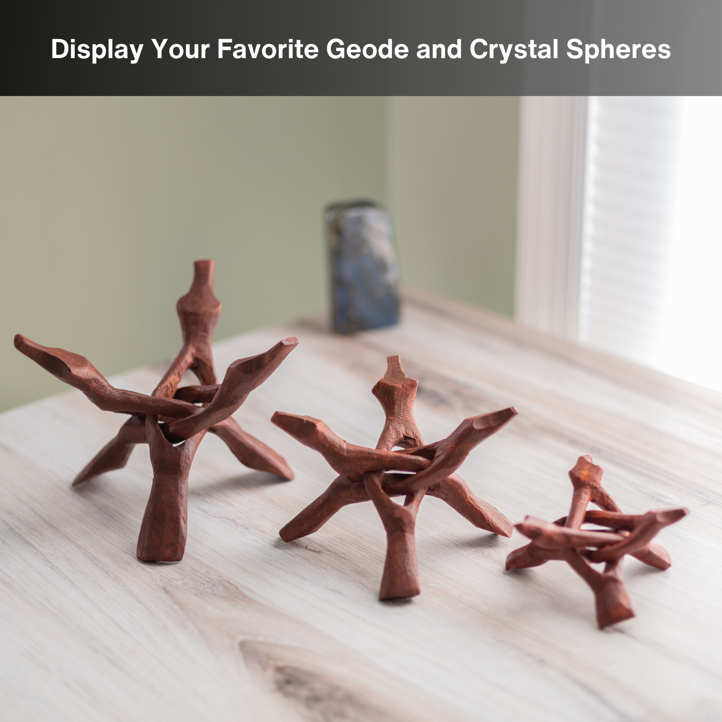 Wooden Tripod Stand 4”, 6” and 8” - Hand-Carved Room Decor Holder ~ Ideal for Abalone Shell, Decorative Bowl, Crystal Ball, Sphere, Geode ~ Wood Display Stand & Perfect Crystal Holder