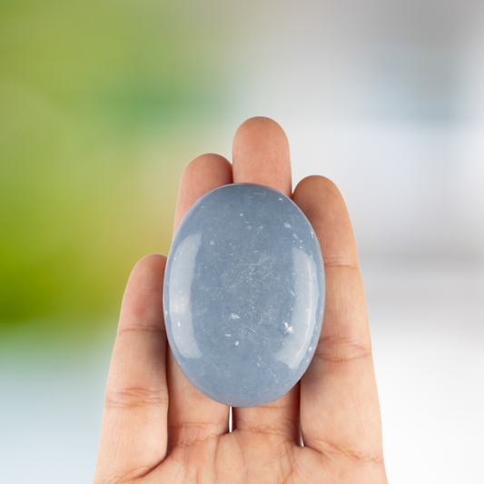 Angelite Palm Stone Crystal - Natural Healing Stone for Anxiety Relief & Meditation - Polished Angelite Worry Stone - Spiritual Gift