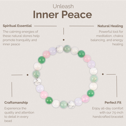 Calm and Peace Bracelet for Women and Men with Amazonite, Rose Quartz, White Howlite, Green Aventurine, Moonstone, Angelite Crystals and Healing Stones - Natural Handmade Beaded Bracelets