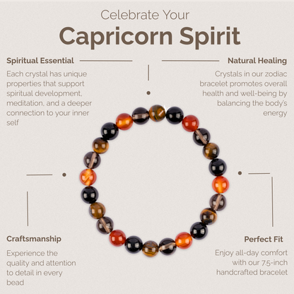 Capricorn Zodiac Bracelet for Women or Men with Natural Carnelian, Smoky Quartz, Black Tourmaline, and Tiger’s Eye Crystals and Healing Stones - Handmade Beaded Bracelet, Zodiac Gift for Birthday