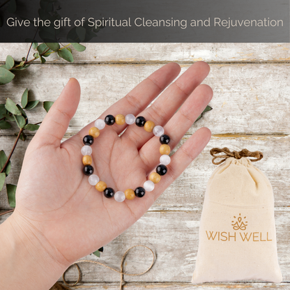 Cleansing Bracelet for Women and Men with Black Tourmaline, Palo Santo, and Selenite Crystals and Healing Stones - Natural Handmade Beaded Bracelets, Crystal Bracelet for Spiritual Gifts