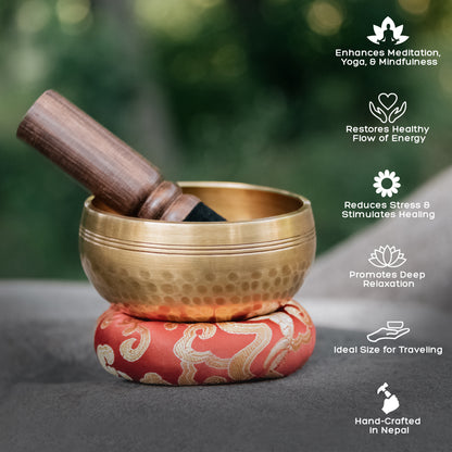 Tibetan Singing Bowl Set ~ 4" Hand Hammered Sound Bowl with 7 Chakra Crystal Stones, Rose Quartz Pendulum, Fabric Case, Cushion, & Mallet ~ Perfect For Meditation, Yoga, Spiritual Healing, & Mindfulness