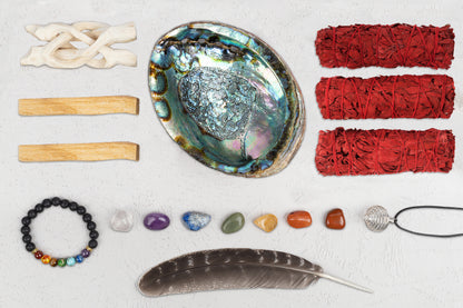 Dragon's Blood Sage Smudge Kit – Home Cleansing & Smudging Kit with Dragon’s Blood White Sage, Palo Santo, Abalone Shell, Lava Stone Chakra Bracelet, 7 Chakra Stones, Smudging Feather & Smudging Guide