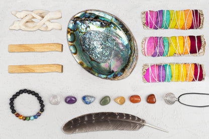 7 Chakra Sage Smudge Kit – Home Cleansing & Smudging Kit with Chakra White Sage, Palo Santo, Abalone Shell, Lava Stone Chakra Bracelet, 7 Chakra Stones, Smudging Feather & Smudging Guide