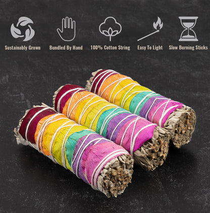 Chakra Sage Bundle Smudge Stick with Rose Petals– 4” Sage Bundle for Home Cleansing, Energy Healing, Meditation, Reiki, and Clearing Negative Energy- Includes Smudging Guide