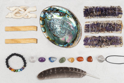 Lavender Sage Smudge Kit – Home Cleansing & Smudging Kit with Lavender White Sage, Palo Santo, Abalone Shell, Lava Stone Chakra Bracelet, 7 Chakra Stones, Smudging Feather & Smudging Guide