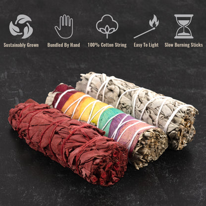 Variety Sage Smudge Kit – Home Cleansing & Smudging Kit with White Sage, Dragons Blood Sage, Chakra Sage, Palo Santo, Abalone Shell, Lava Chakra Bracelet, 7 Chakra Stones, Smudging Feather & Smudging Guide