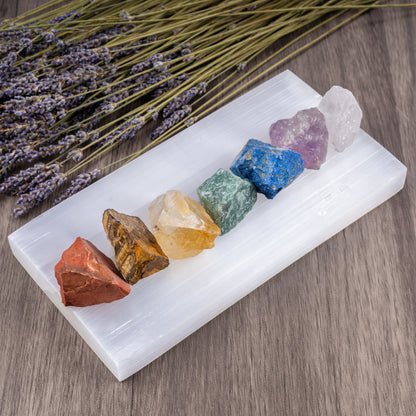 7 Chakra Stones Set with Clear Quartz, Amethyst, Lapis Lazuli, Green Aventurine, Citrine, Carnelian, & Red Jasper - Natural Raw Crystals and Healing Stones with Spiral Cage Necklace & Velvet Pouch