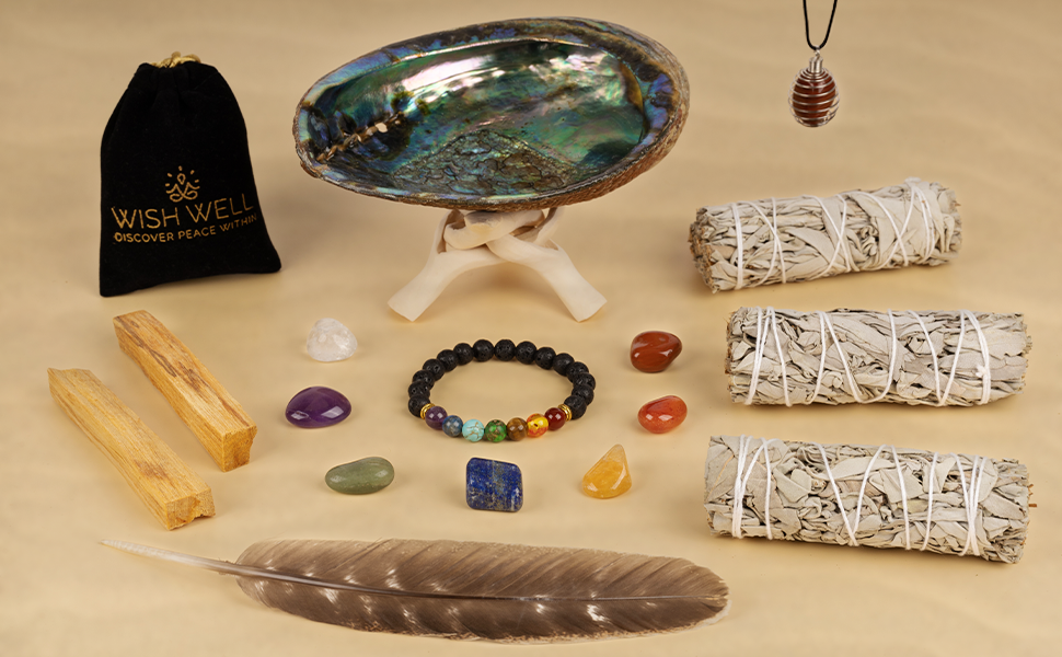 Wish Well Sage Smudge Kit – Home Cleansing and Smudging Kit with White Sage, Palo Santo Sticks, Abalone Shell, Lava Stone Chakra Bracelet, 7 Chakra Stones, Smudging Feather and Smudging Guide