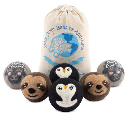 Wool Dryer Balls, Natural Fabric Softener, Penguin, Sloth, & Sheep Design, 6 Pack Laundry Balls for Dryer, Handcrafted in Nepal